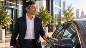 Homme d'affaires près d'une voiture devant un immeuble de bureaux