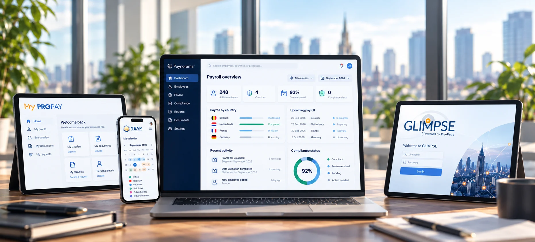 Online payrolltools op laptop en schermen